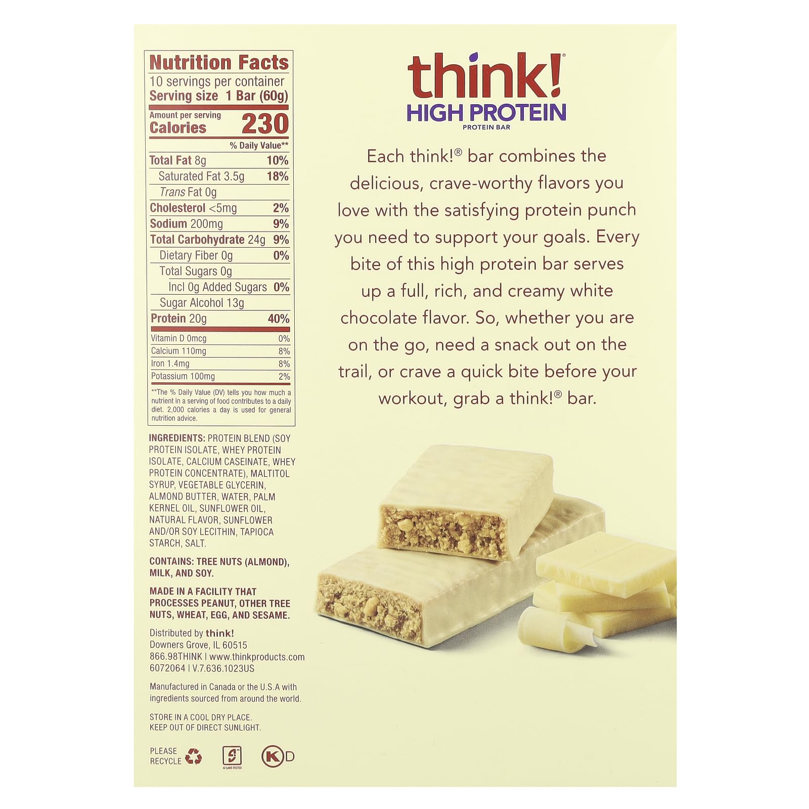 ThinkThin white chocolate bar closeup highlights creamy texture and protein