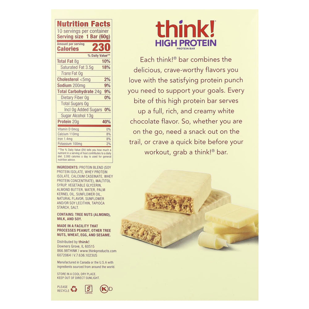 ThinkThin white chocolate bar closeup highlights creamy texture and protein