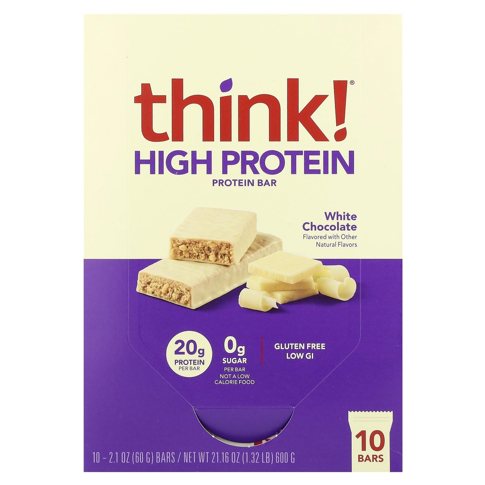 ThinkThin white chocolate high-protein bar pack shown, ideal on-the-go energy boost