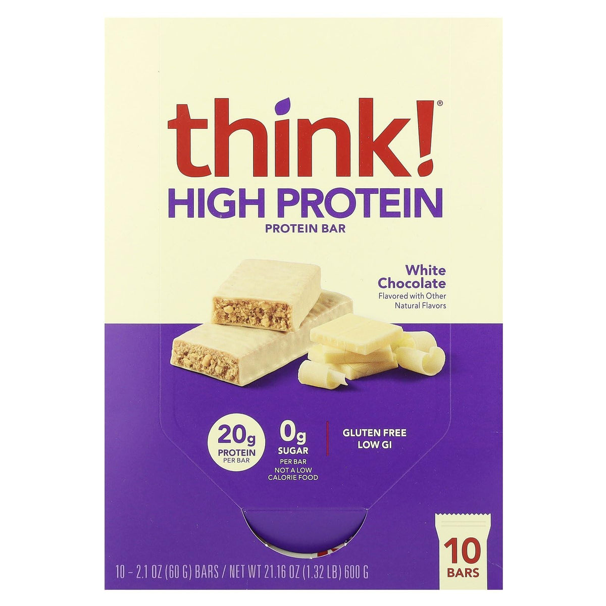 ThinkThin white chocolate high-protein bar pack shown, ideal on-the-go energy boost