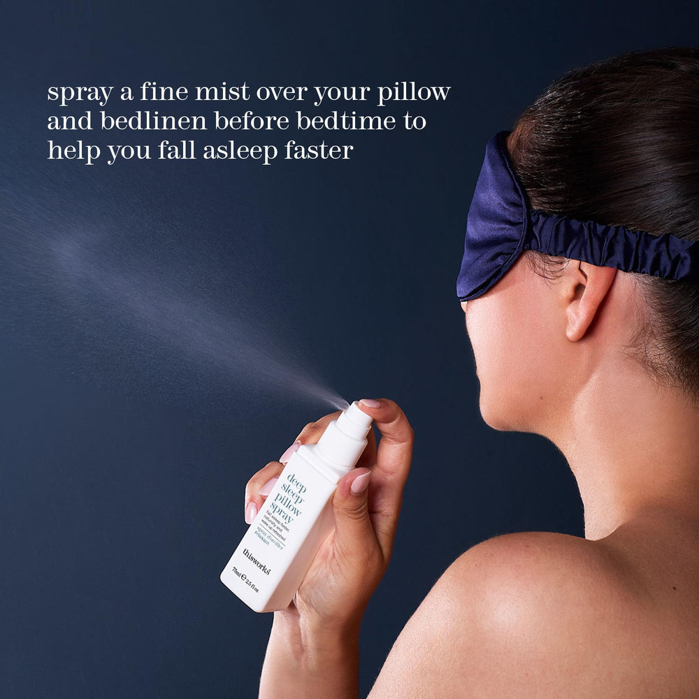 Thisworks Deep Sleep Pillow Spray mist in air, emphasizing aromatic comfort