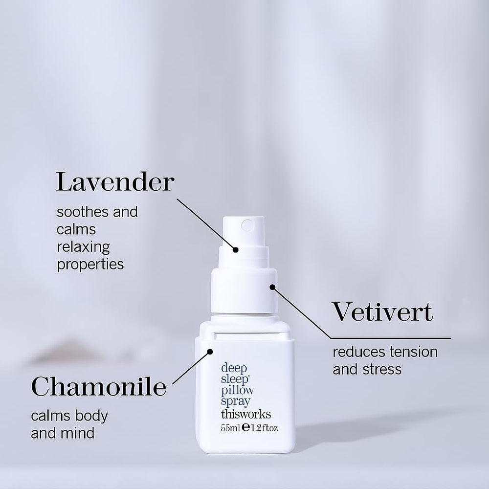 Lavender-infused THISWORKS spray bottle highlights soothing scent before sleep