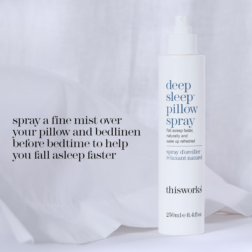 THISWORKS Deep Sleep Pillow Spray mist on linen promotes calm and quicker sleep onset.
