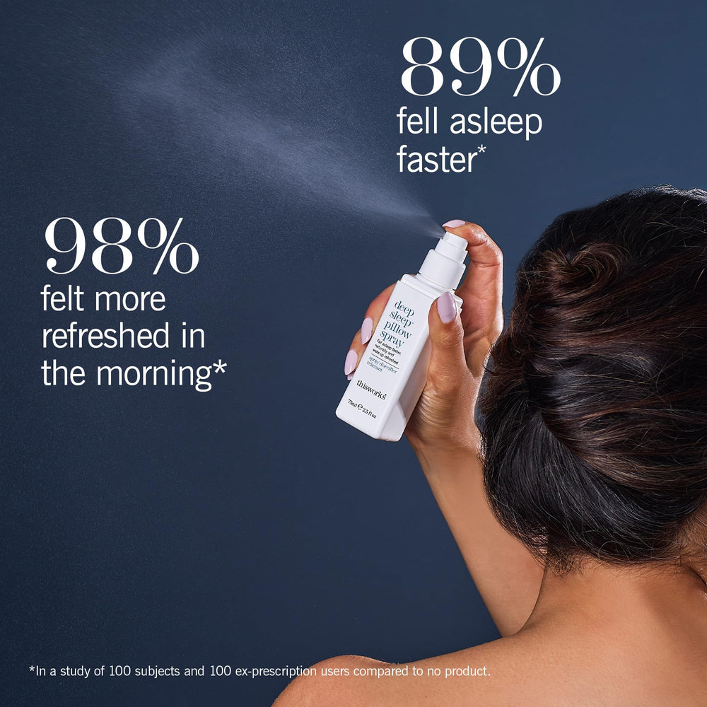 Thisworks Deep Sleep Pillow Spray on a pillow close-up, ideal for bedtime prep