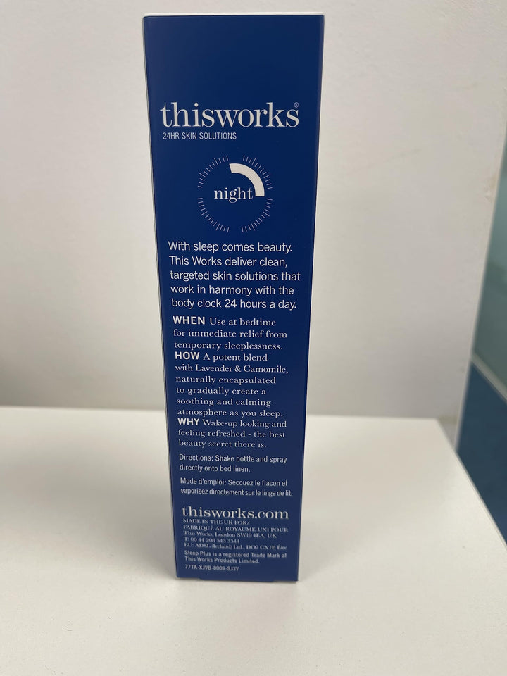 THISWORKS Sleep Plus Pillow Spray bottle highlights essential oil blend.