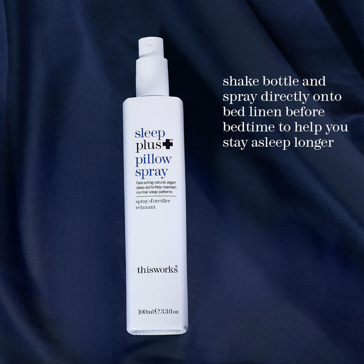 THISWORKS Sleep Plus Pillow Spray beside pajamas for bedtime routine.