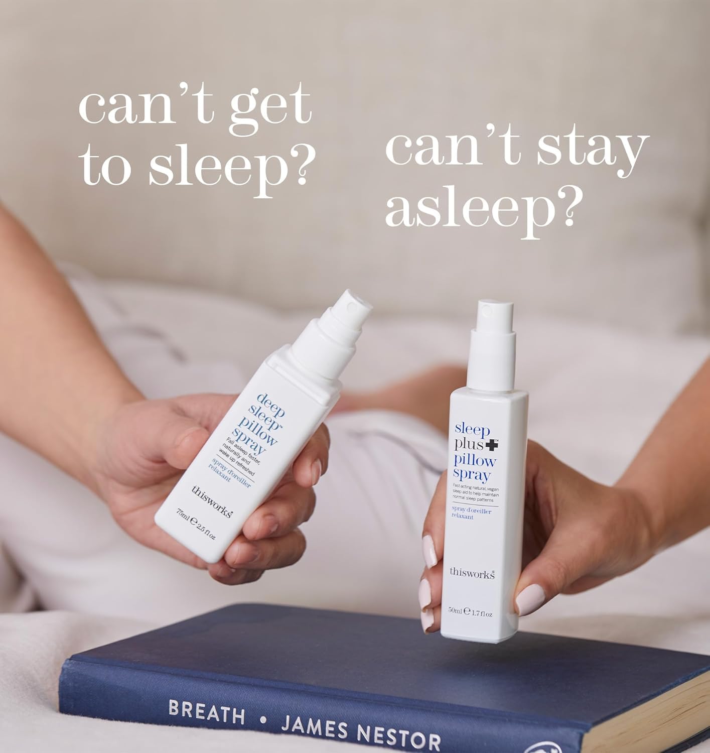 THISWORKS Sleep Plus Pillow Spray on soft sheets signals soothing routine.