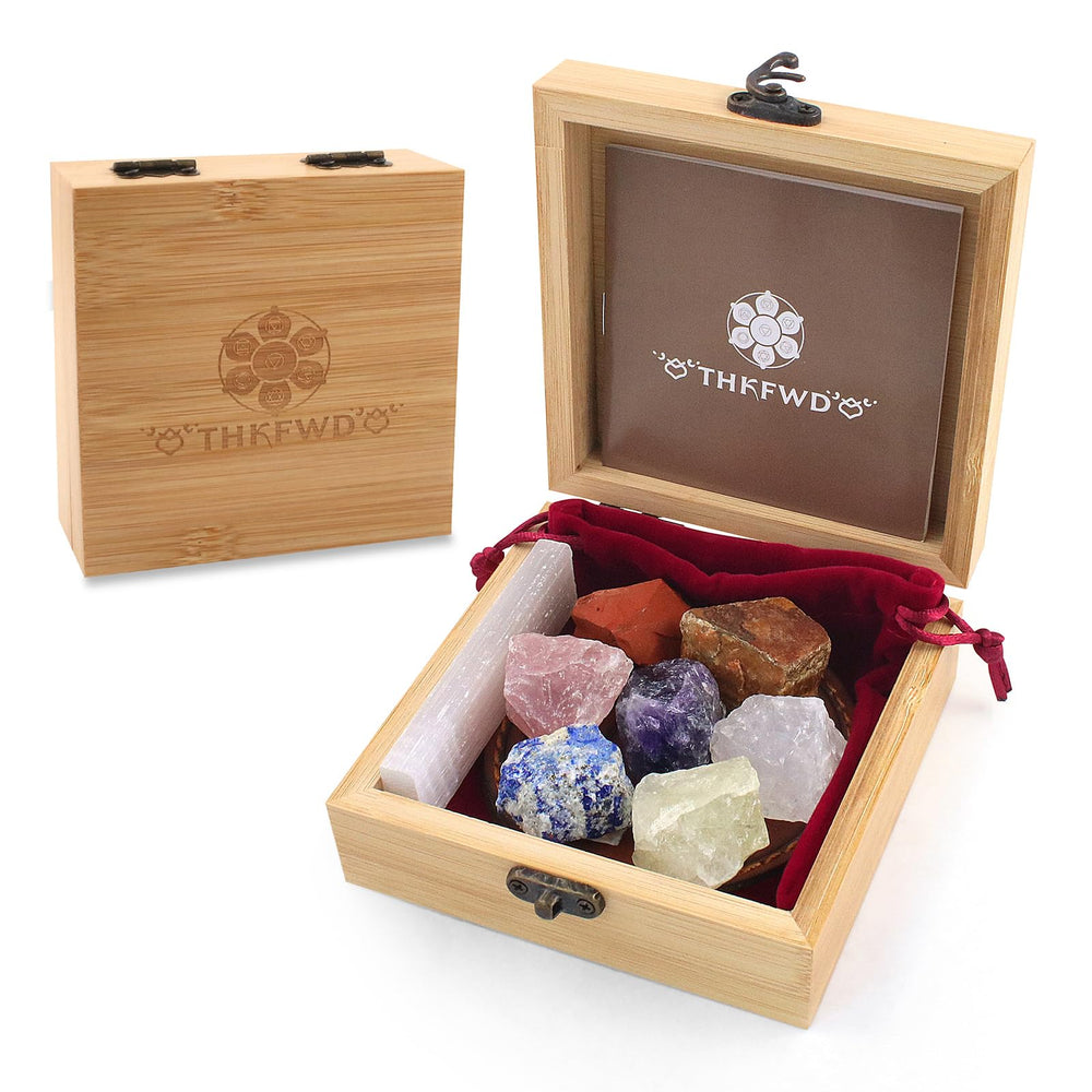 THKFWD 7 Chakras crystals set in wooden box for mindful energy balance.