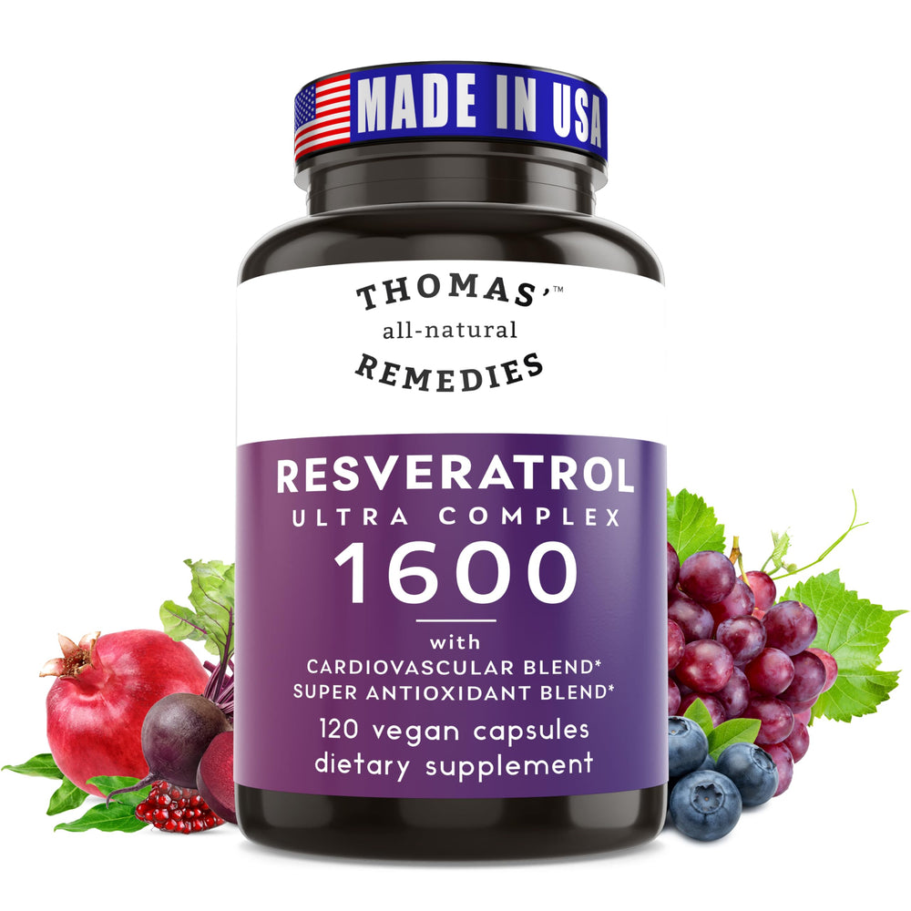Thomas' all-natural Remedies Resveratrol 1600mg bottle for daily antioxidant support.