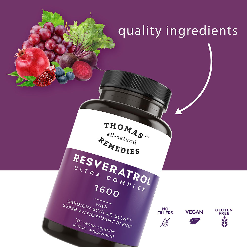 Thomas' all-natural Remedies Resveratrol label close-up highlighting organic ingredients.
