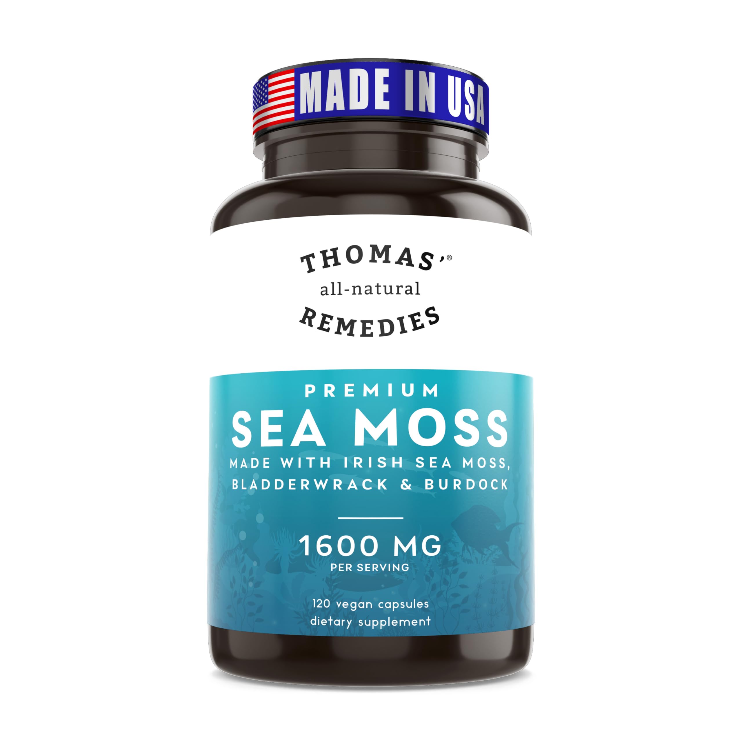 Thomas' All-Natural Remedies sea moss capsules bottle for daily immune support.