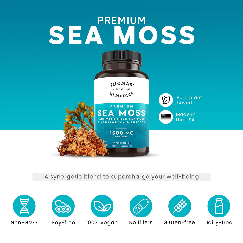 Thomas' All-Natural Remedies sea moss capsules closeup, easy-to-swallow tablets.