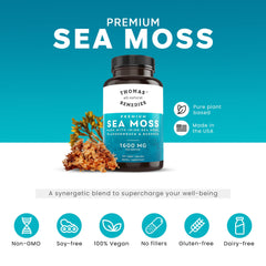 Thomas' All-Natural Remedies sea moss capsules closeup, easy-to-swallow tablets.