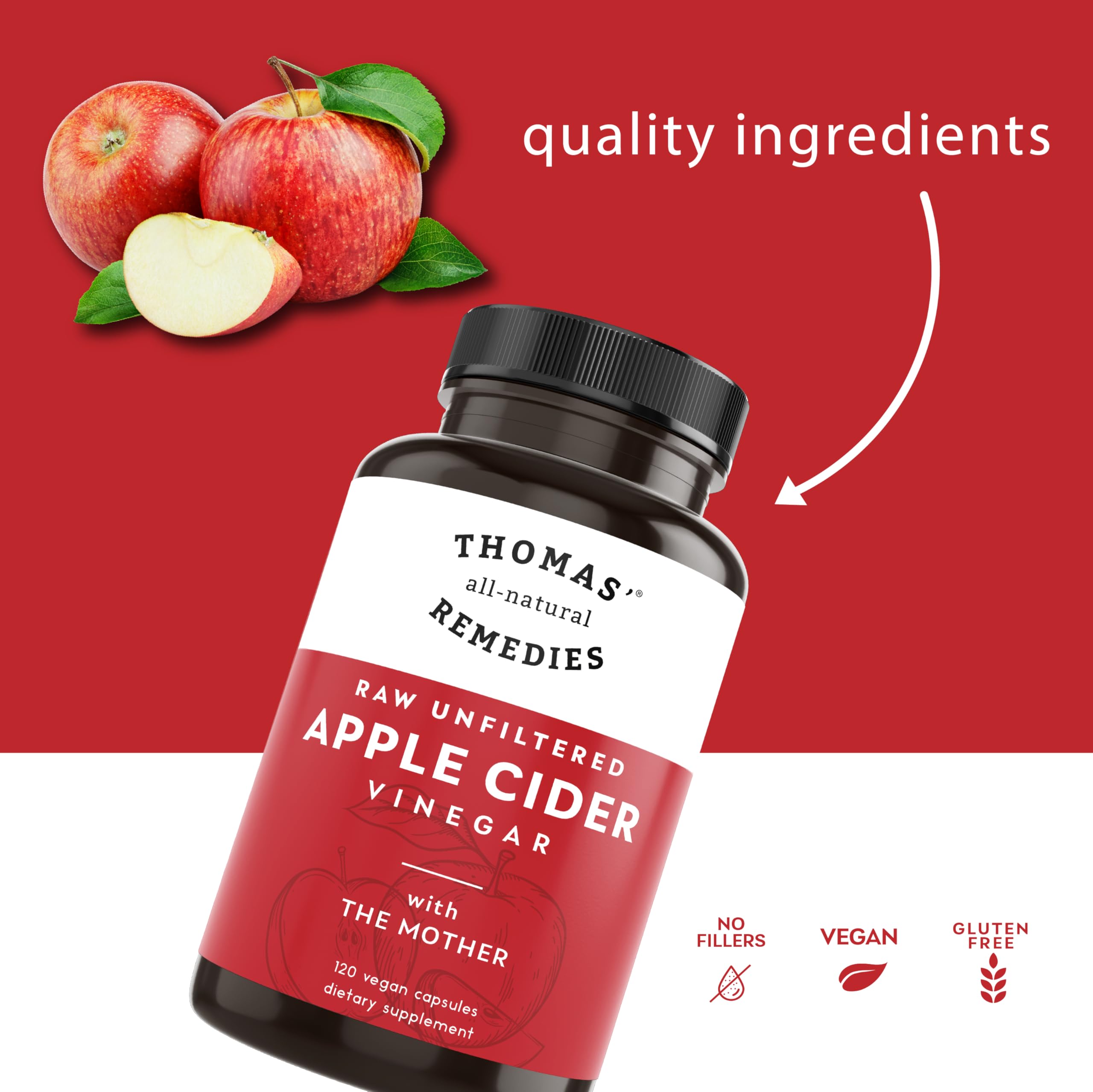 Close-up of Thomas' apple cider vinegar capsules for convenient digestion support.