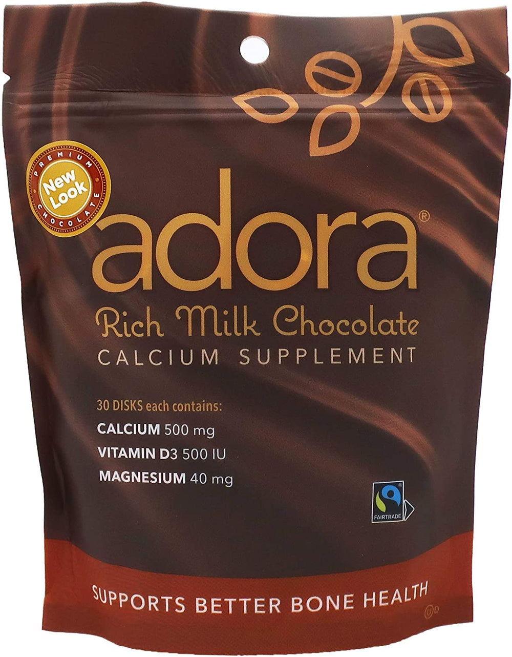 Thompson Adora milk chocolate disk for daily calcium and vitamin D3 enrichment.