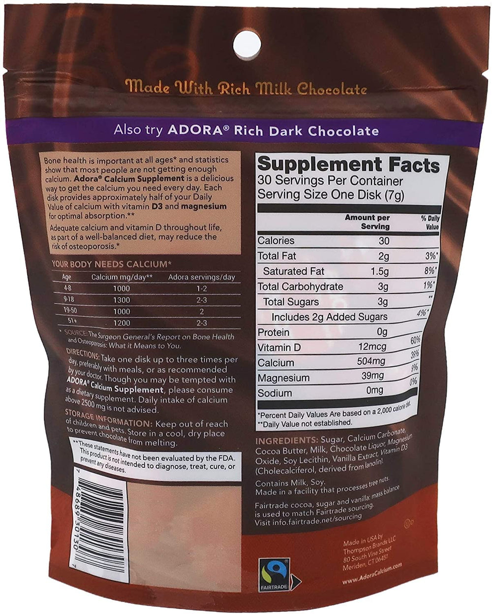 Thompson Adora milk chocolate package showcasing gluten-free, no corn syrup, no trans fats.