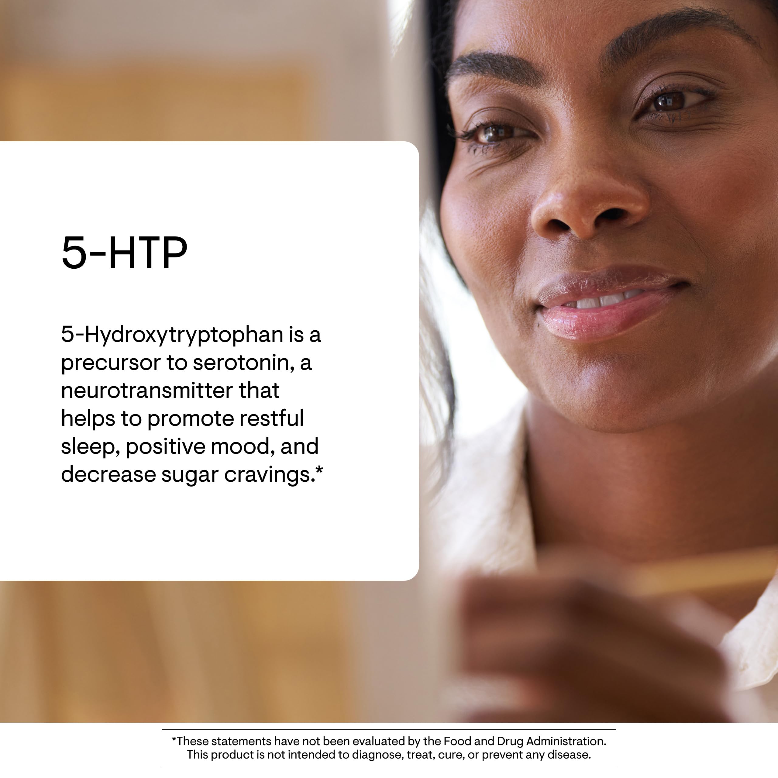 THORNE 5-HTP bottle on nightstand as part of routine.