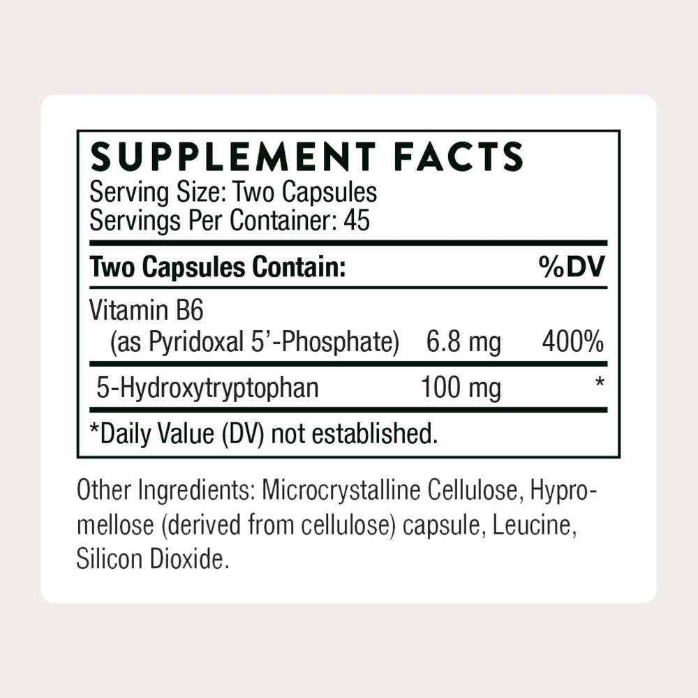 THORNE 5-HTP capsules being poured for easy daily use.