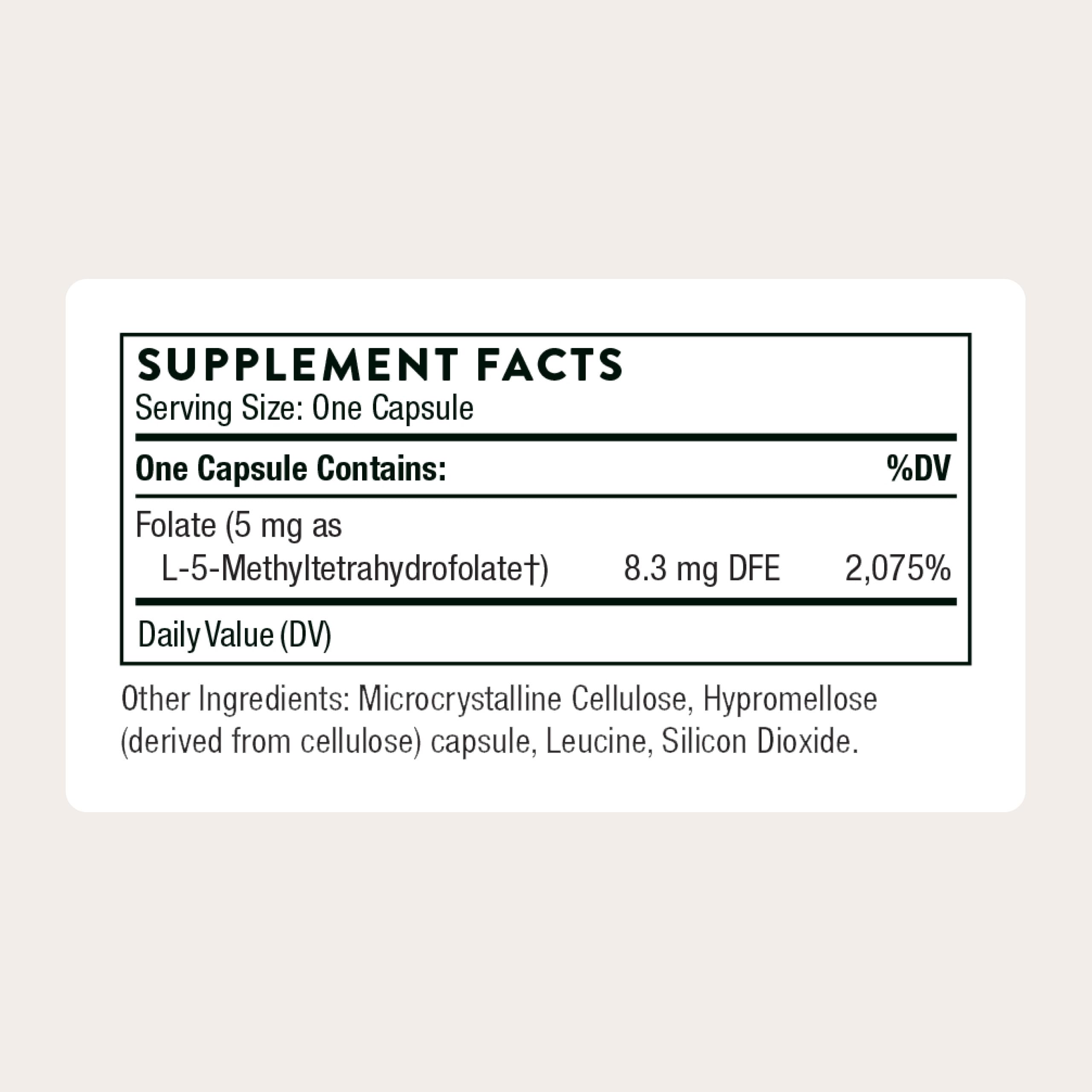 THORNE 5-MTHF label gloss shows product quality and purity testing.