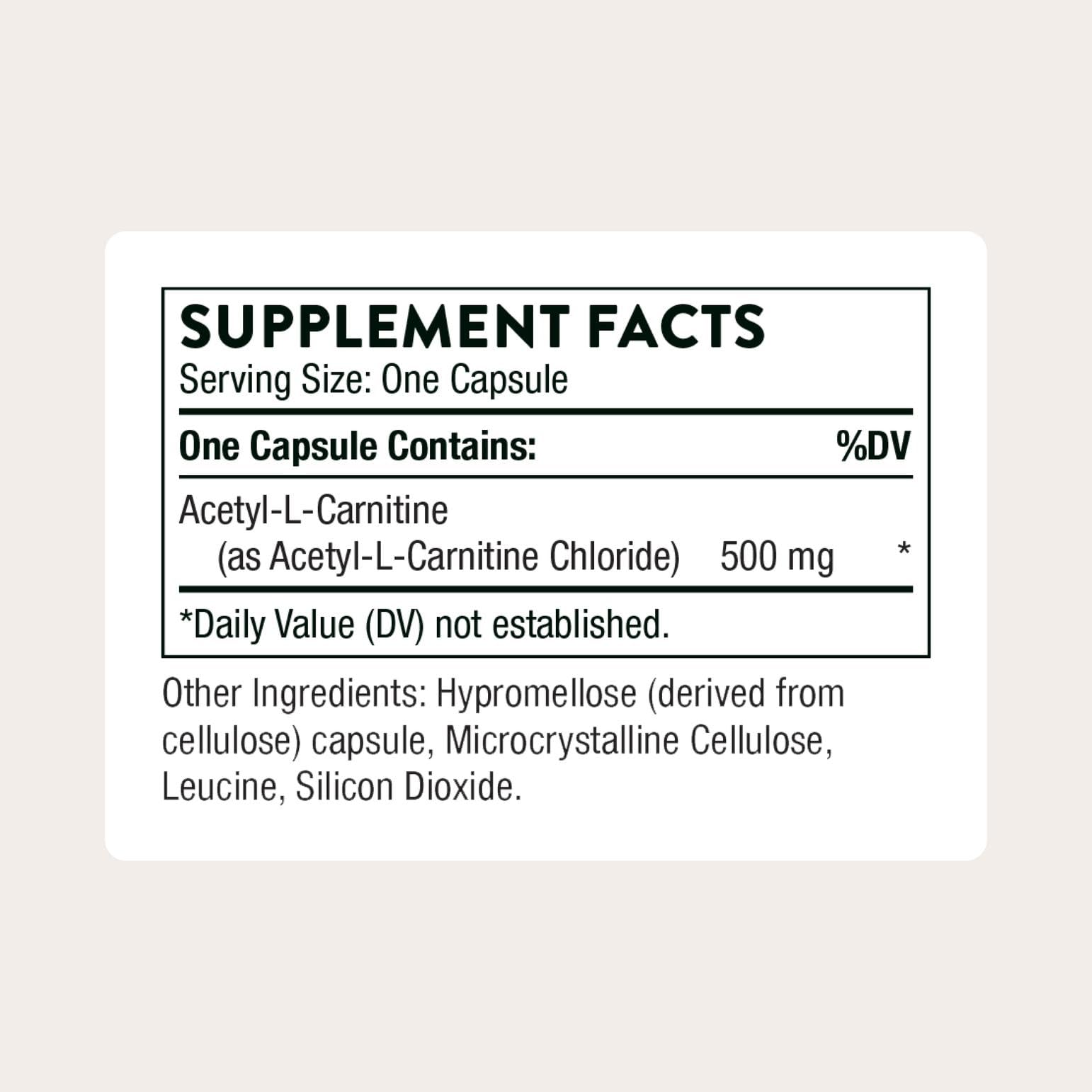 THORNE Acetyl-L-Carnitine 500 mg bottle being poured for daily use