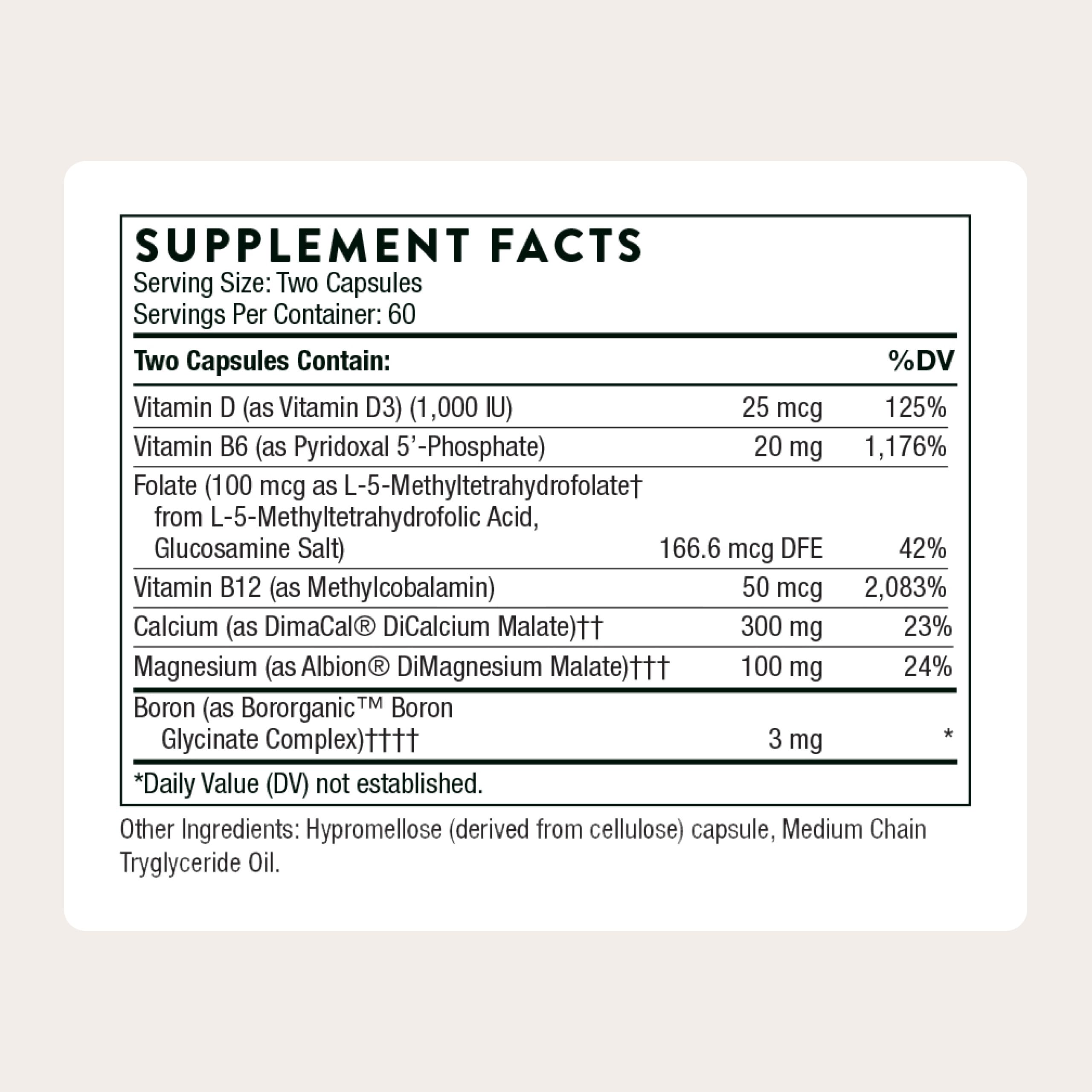 THORNE Advanced Bone Support label close-up highlighting calcium and vitamin D