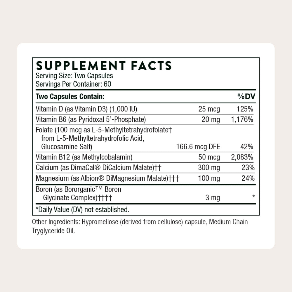 THORNE Advanced Bone Support label close-up highlighting calcium and vitamin D