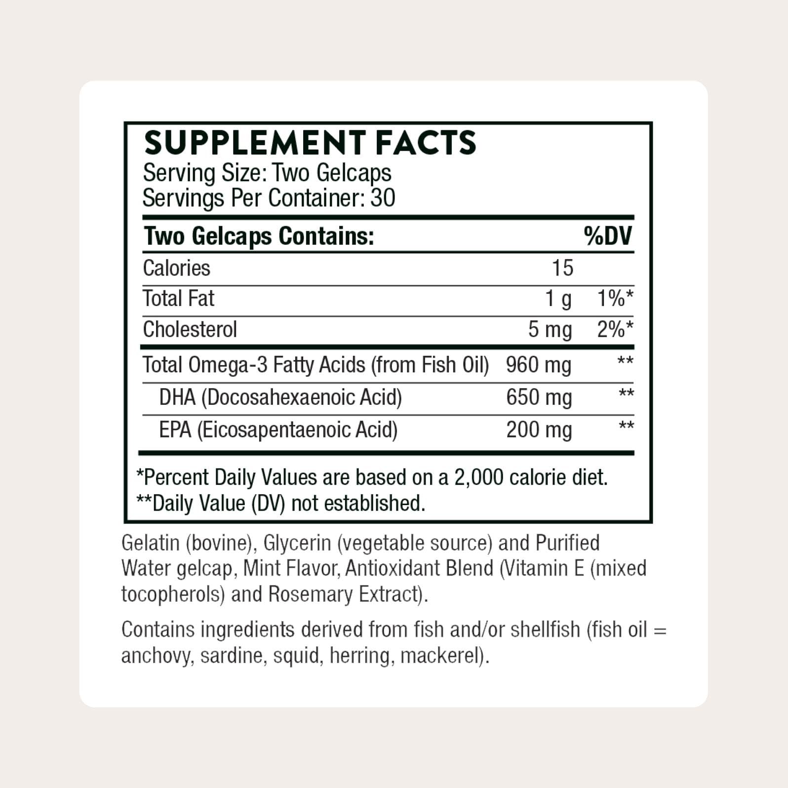 THORNE Advanced DHA capsules mint close-up showing easy swallowing and pleasant taste.