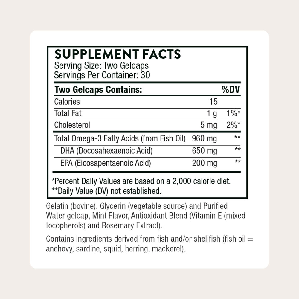 THORNE Advanced DHA capsules mint close-up showing easy swallowing and pleasant taste.