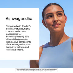 THORNE Ashwagandha Shoden bottle label shows 35% withanolide glycosides for calming restoration.