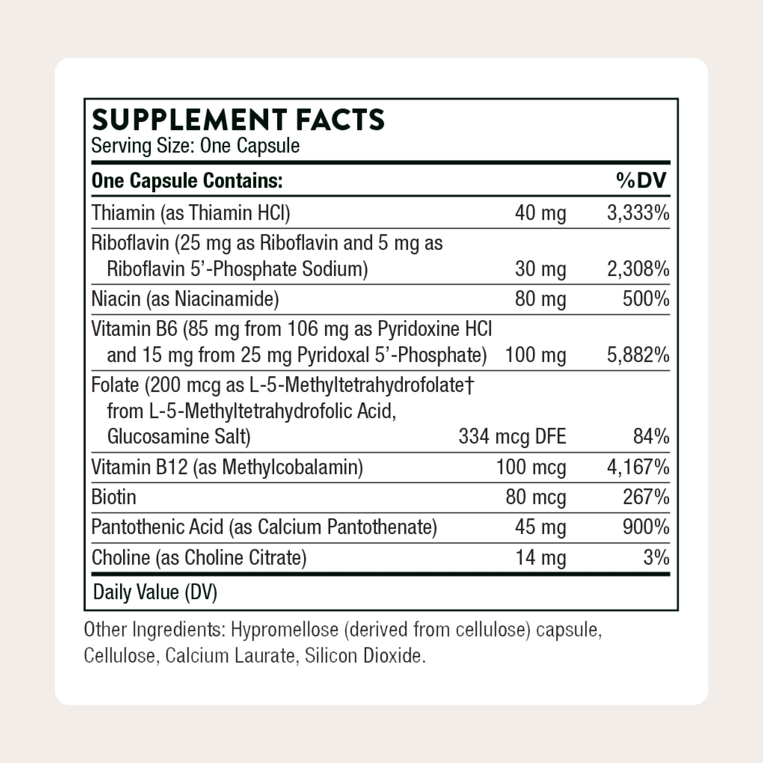 Capsules of Thorne B-Complex #6 showing eight B vitamins plus choline for daily energy support