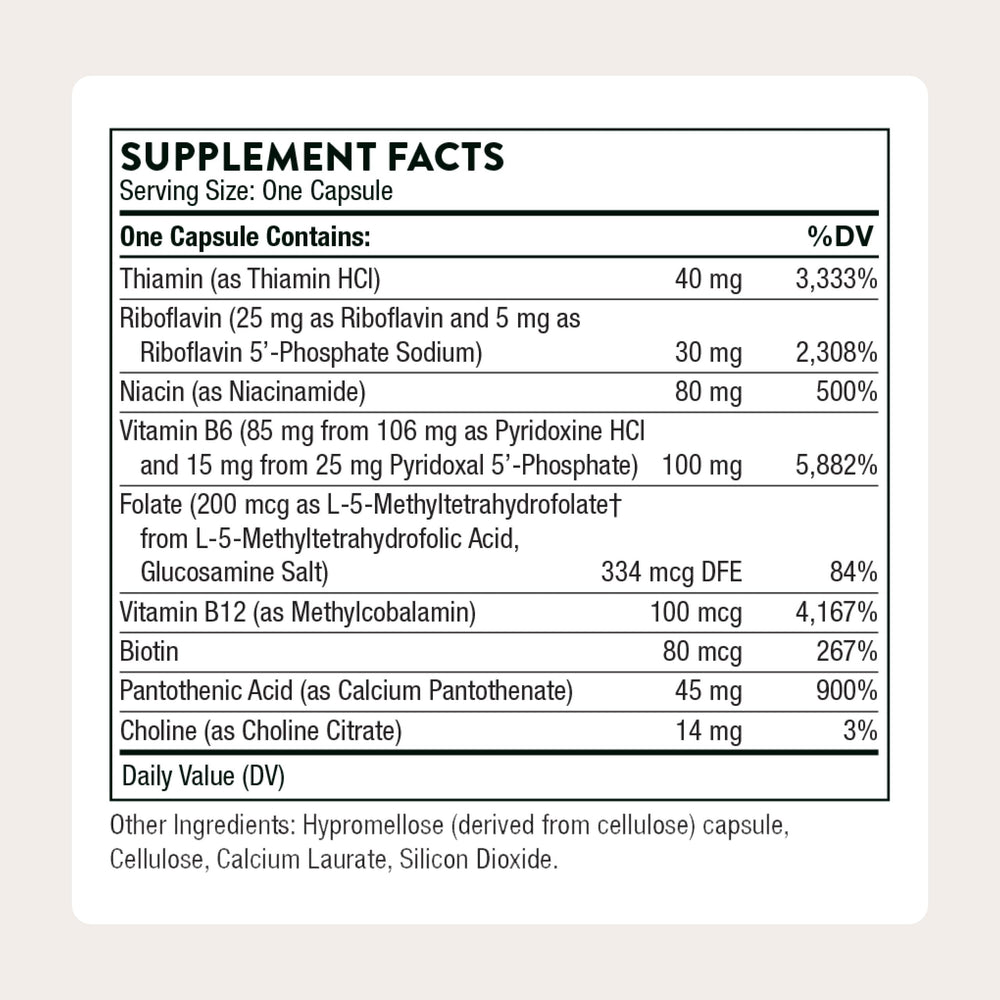 Capsules of Thorne B-Complex #6 showing eight B vitamins plus choline for daily energy support
