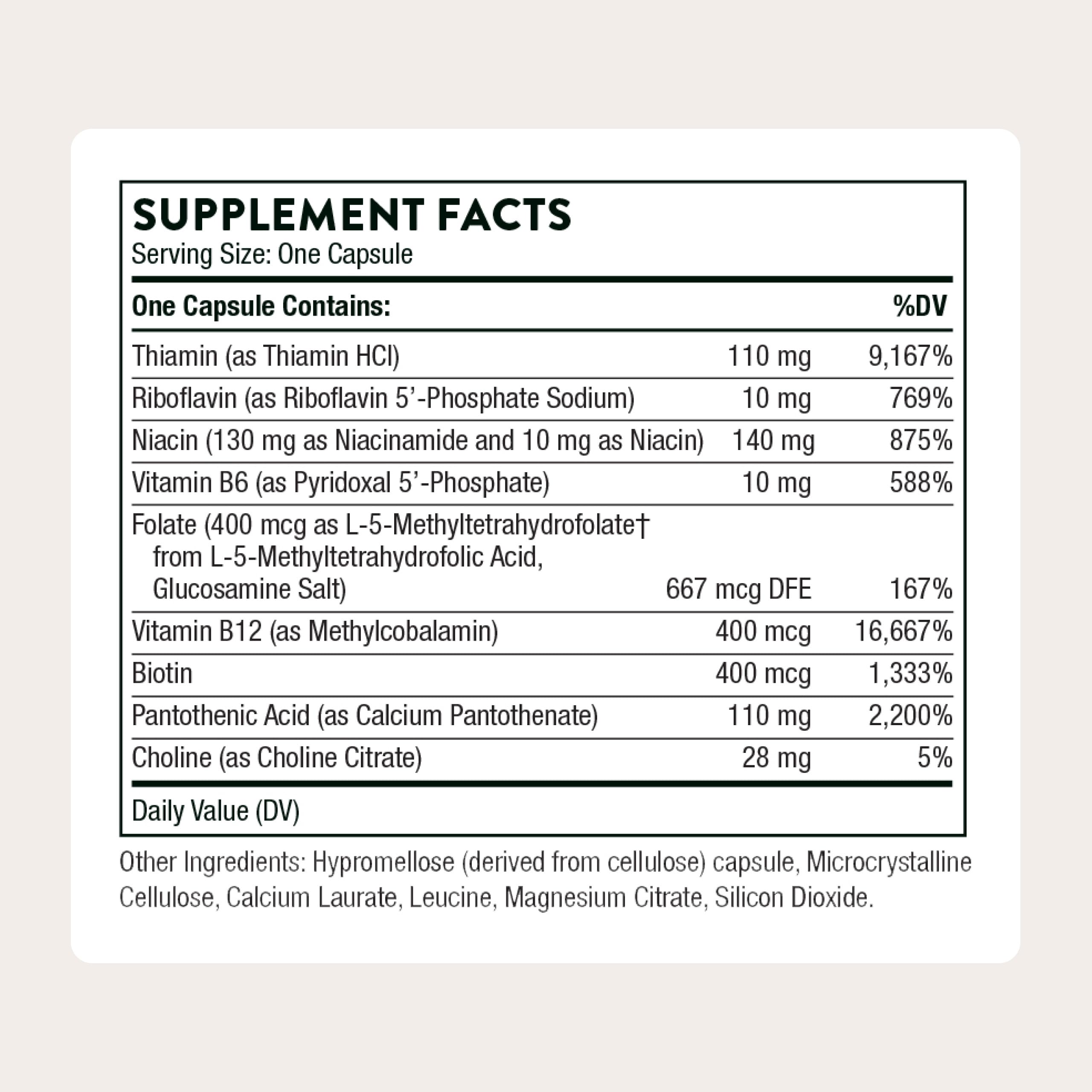 Thorne Basic B-Complex capsule closeup shows easy daily dose.