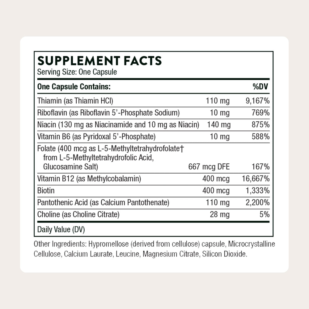 Thorne Basic B-Complex capsule closeup shows easy daily dose.