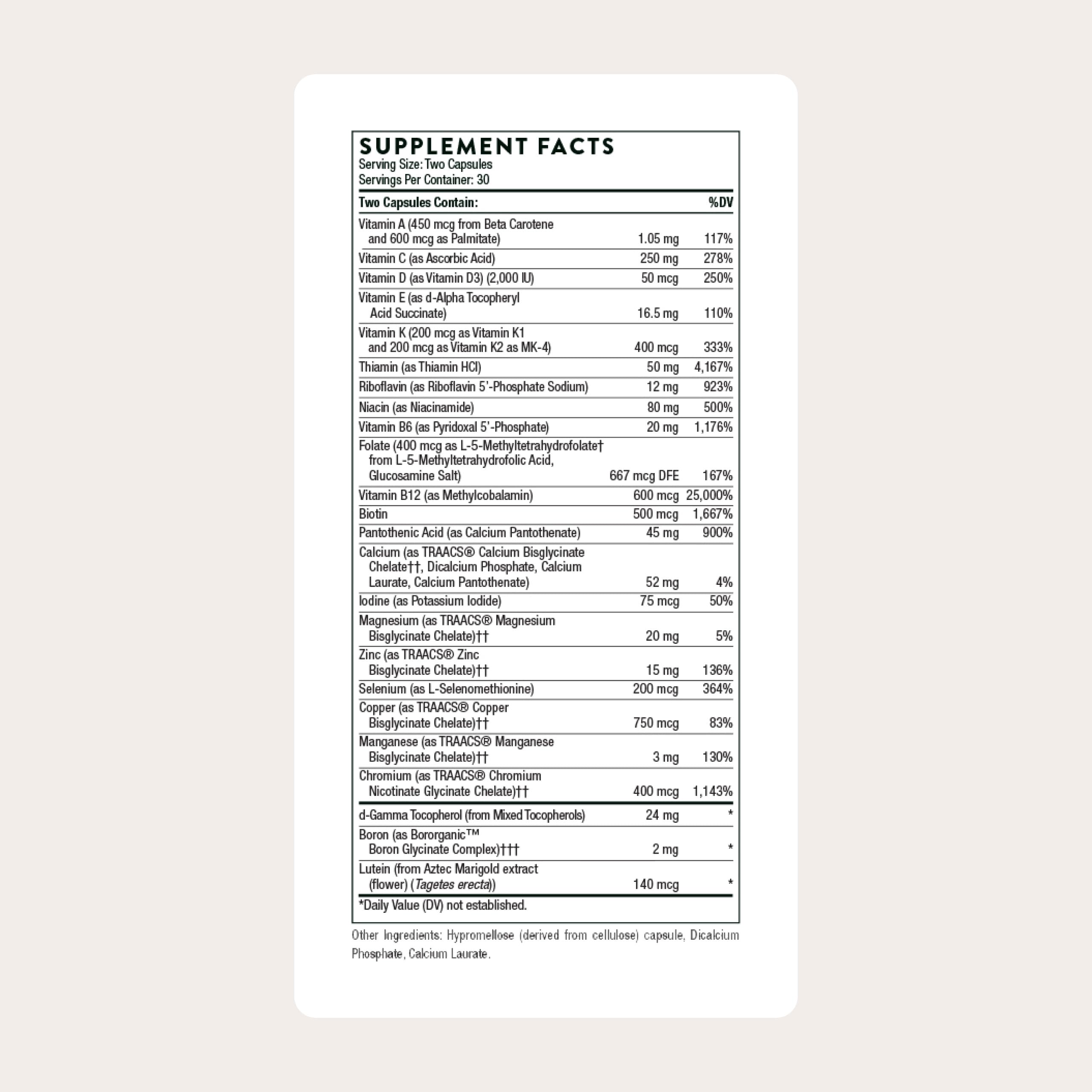 THORNE Basic Nutrients 2/Day bottle back shows ingredients and serving details