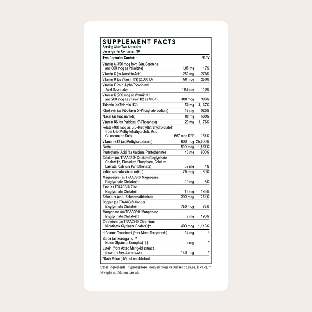 THORNE Basic Nutrients 2/Day bottle back shows ingredients and serving details