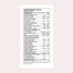THORNE Basic Nutrients 2/Day bottle back shows ingredients and serving details
