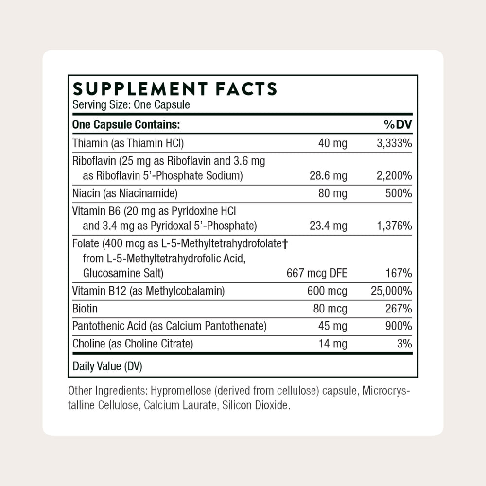 THORNE B-Complex #12 label close-up emphasizing active B vitamins and folate for absorption