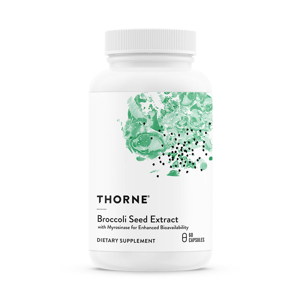 Thorne broccoli seed extract bottle-front showing capsules for daily antioxidant support and liver health.