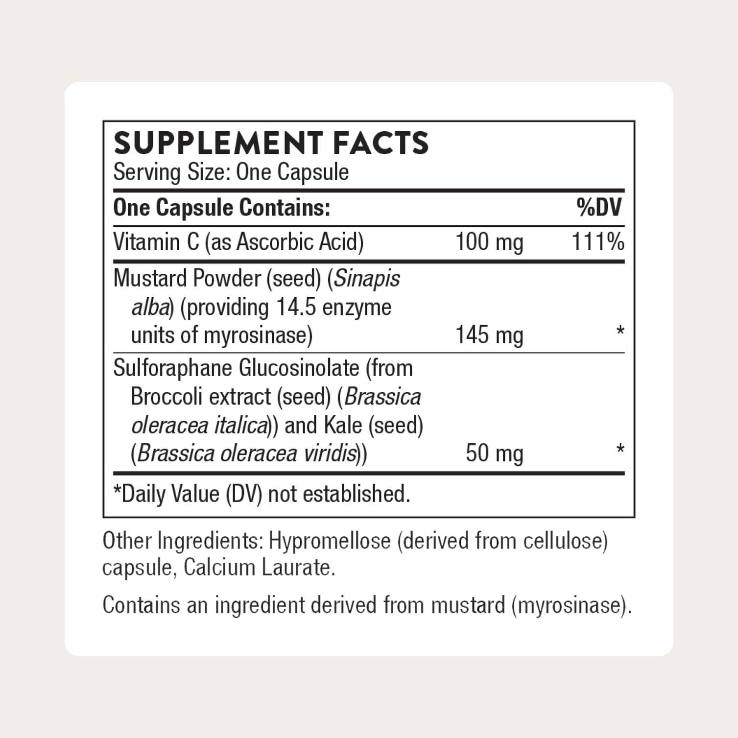 Thorne broccoli seed extract capsules closeup highlighting easy-to-swallow daily support.