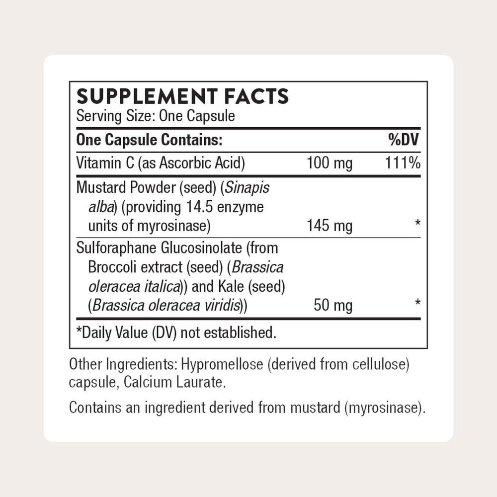 Thorne broccoli seed extract capsules closeup highlighting easy-to-swallow daily support.