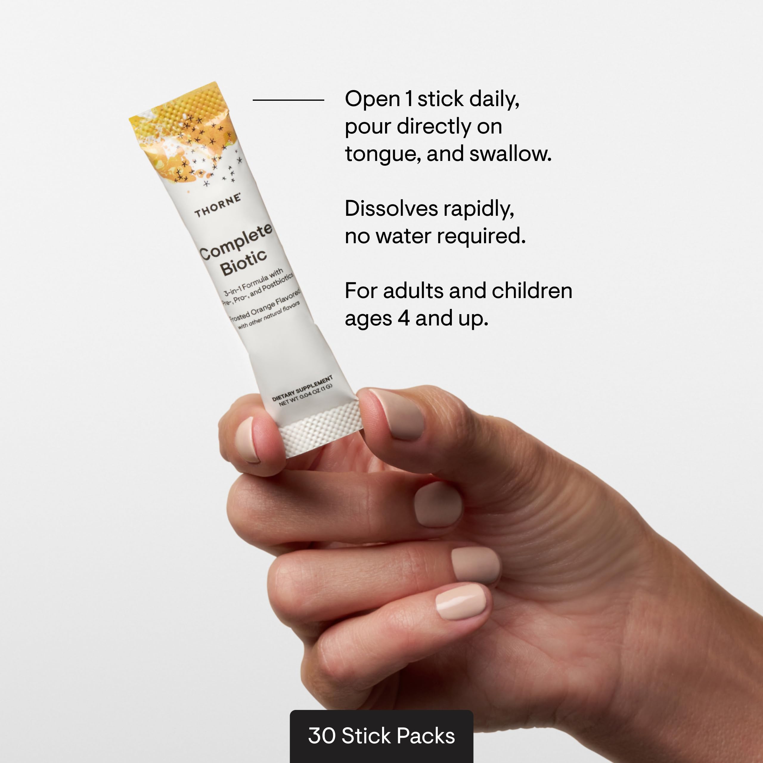 THORNE Complete Biotic label close-up showing dosage for daily routine.