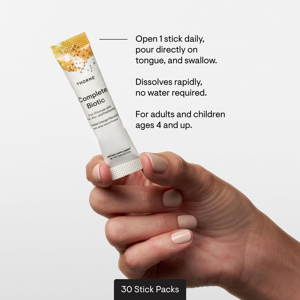 THORNE Complete Biotic label close-up showing dosage for daily routine.