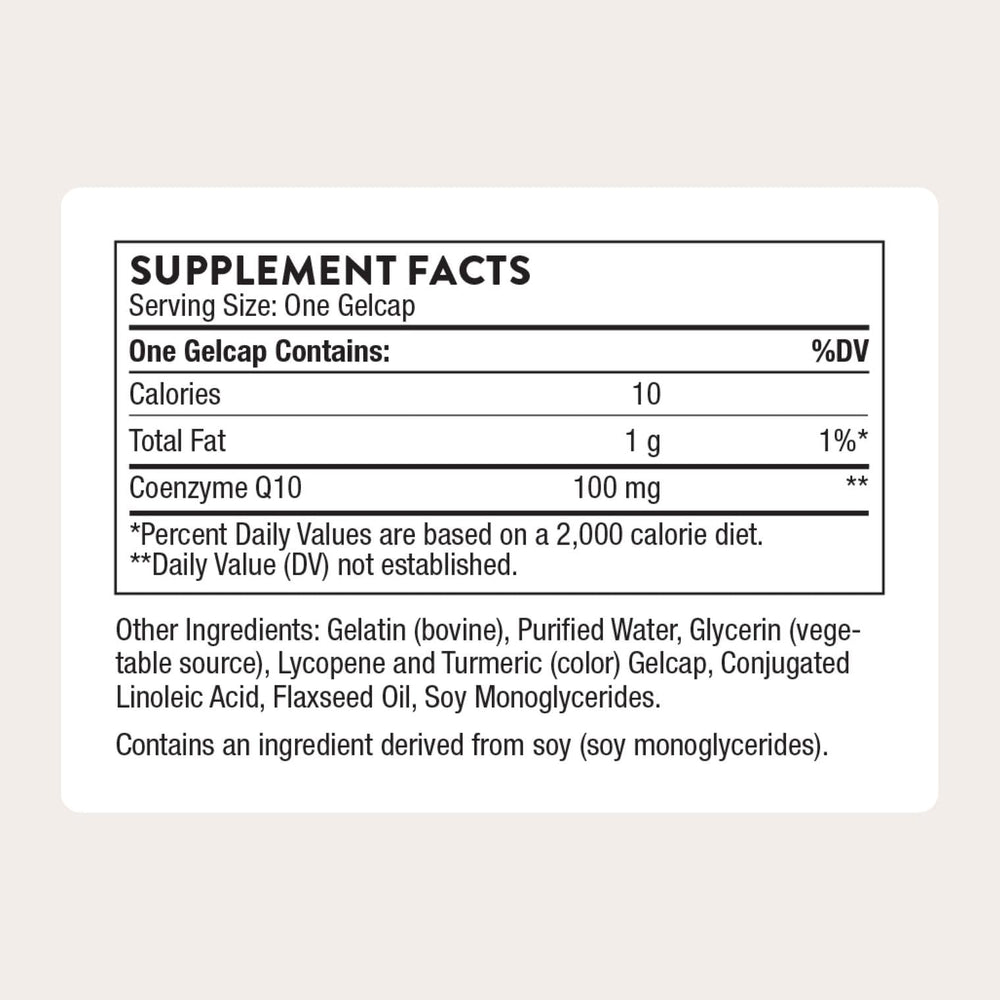 THORNE CoQ10 bottle label closeup showcases gluten-free and dairy-free formulation.