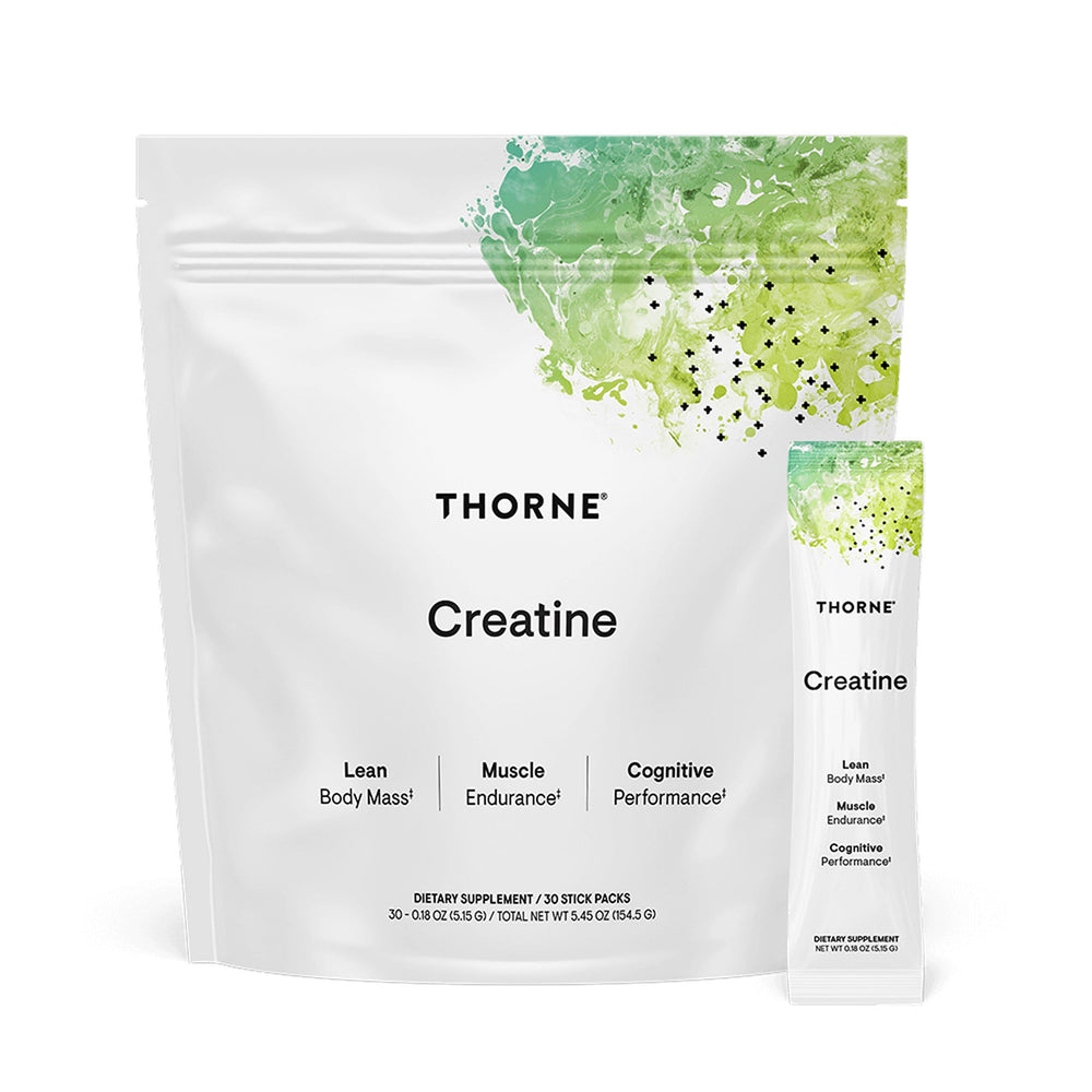 THORNE Creatine bottle pour shows easy serving for potential muscle support during workouts.
