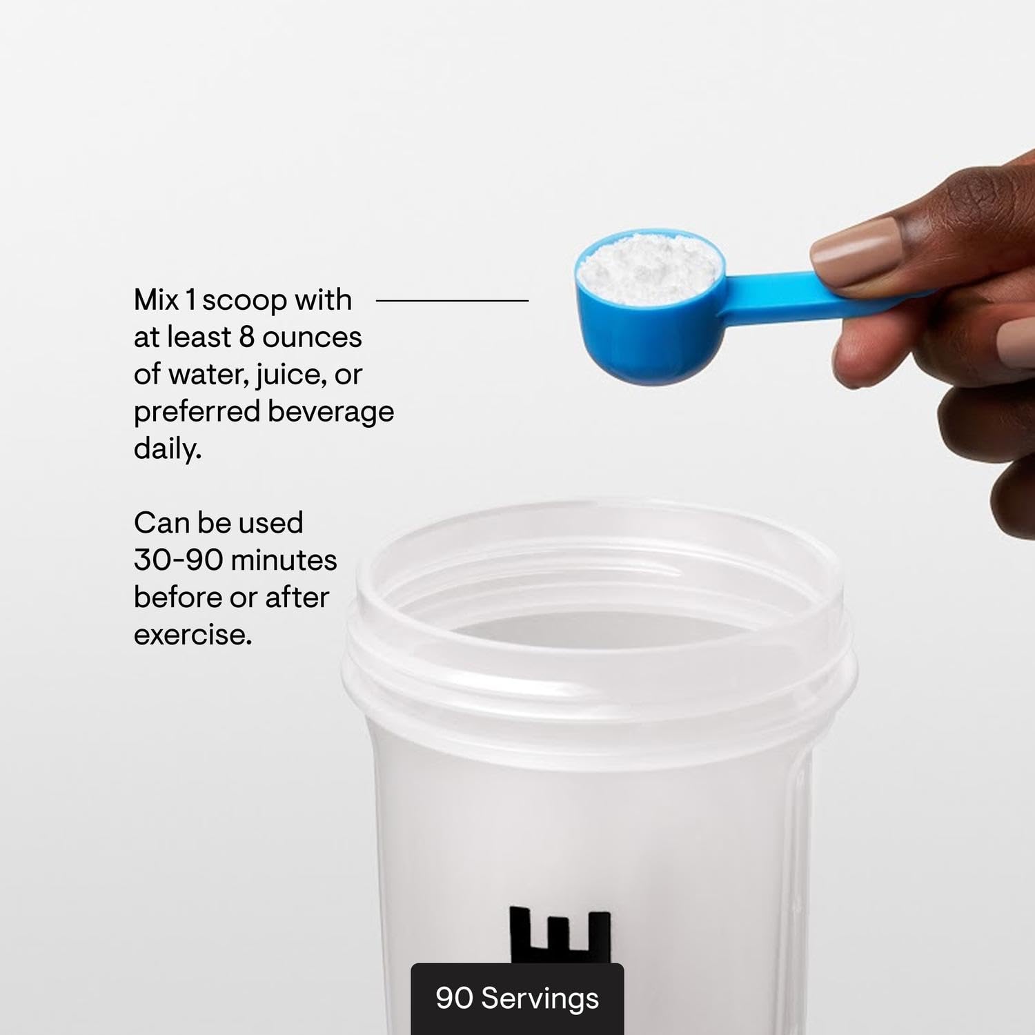 THORNE Creatine powder dispensing closeup implies quick measurement.