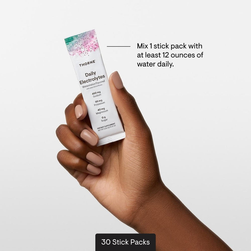 Thorne Daily Electrolytes Himalayan pink salt focus supports mineral balance.