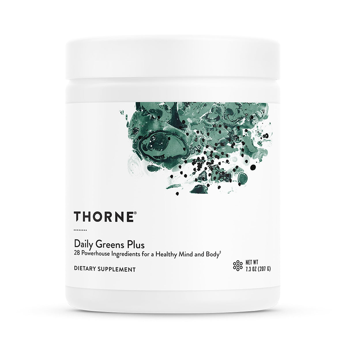 Thorne Daily Greens Plus bottle with refreshing mint flavor for daily nutrition.