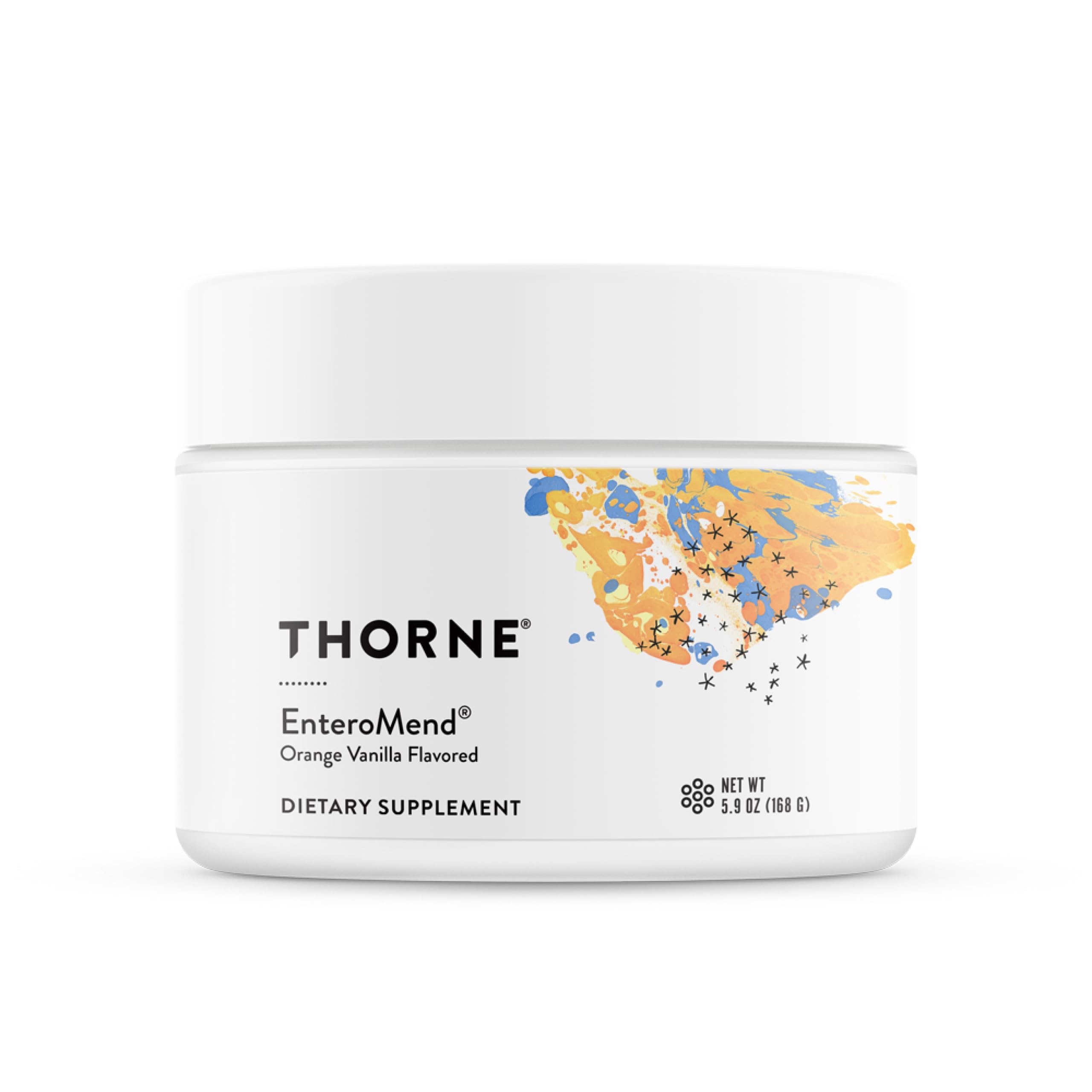 Thorne EnteroMend bottle front with orange vanilla flavor for gut health
