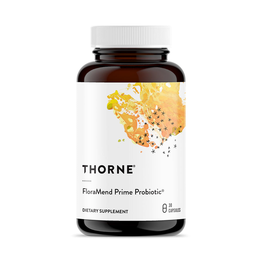 Thorne FloraMend Prime bottle label highlights shelf-stable gut health formula