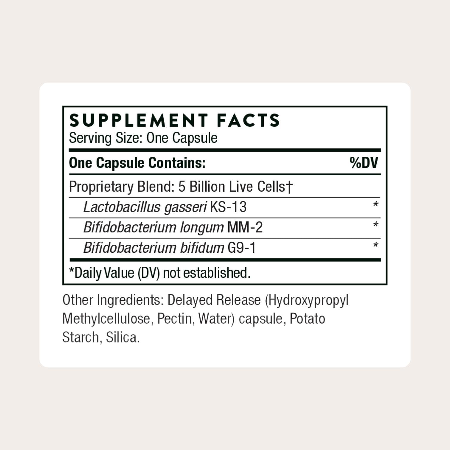 Thorne FloraMend Prime capsule closeup shows 5 billion CFUs per serving